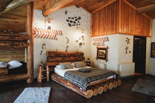 Explore a cozy rustic cabin interior with wooden decor and a comfortable bed, perfect for mountain retreats.